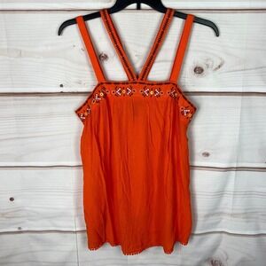 Torrid Top Womens 0 L Orange Sleeveless Blouse Halter Neck Embroidered Flowy